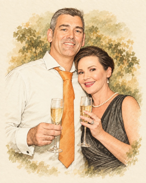 Illustrated portrait of Aná and Christian smiling together, each holding a glass of sparkling wine.