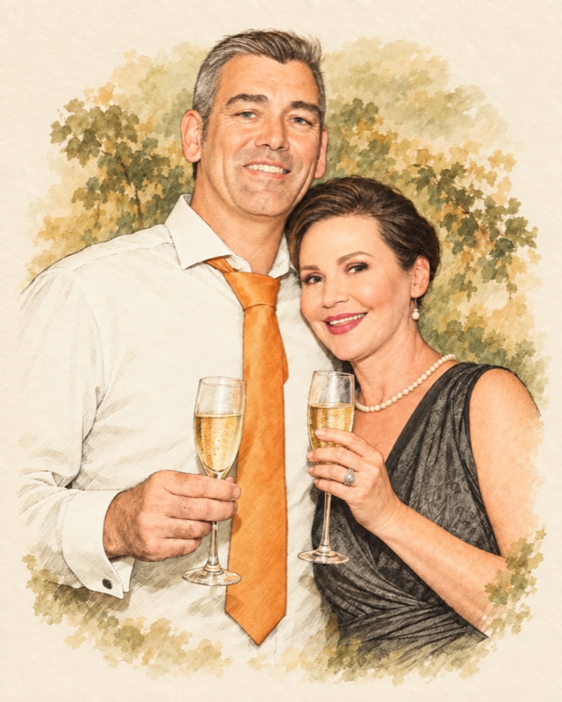 Illustrated portrait of Aná and Christian Schuit smiling together, each holding a glass of sparkling wine.